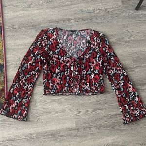 Elegant Floral V-Neck Blouse - Red and Black